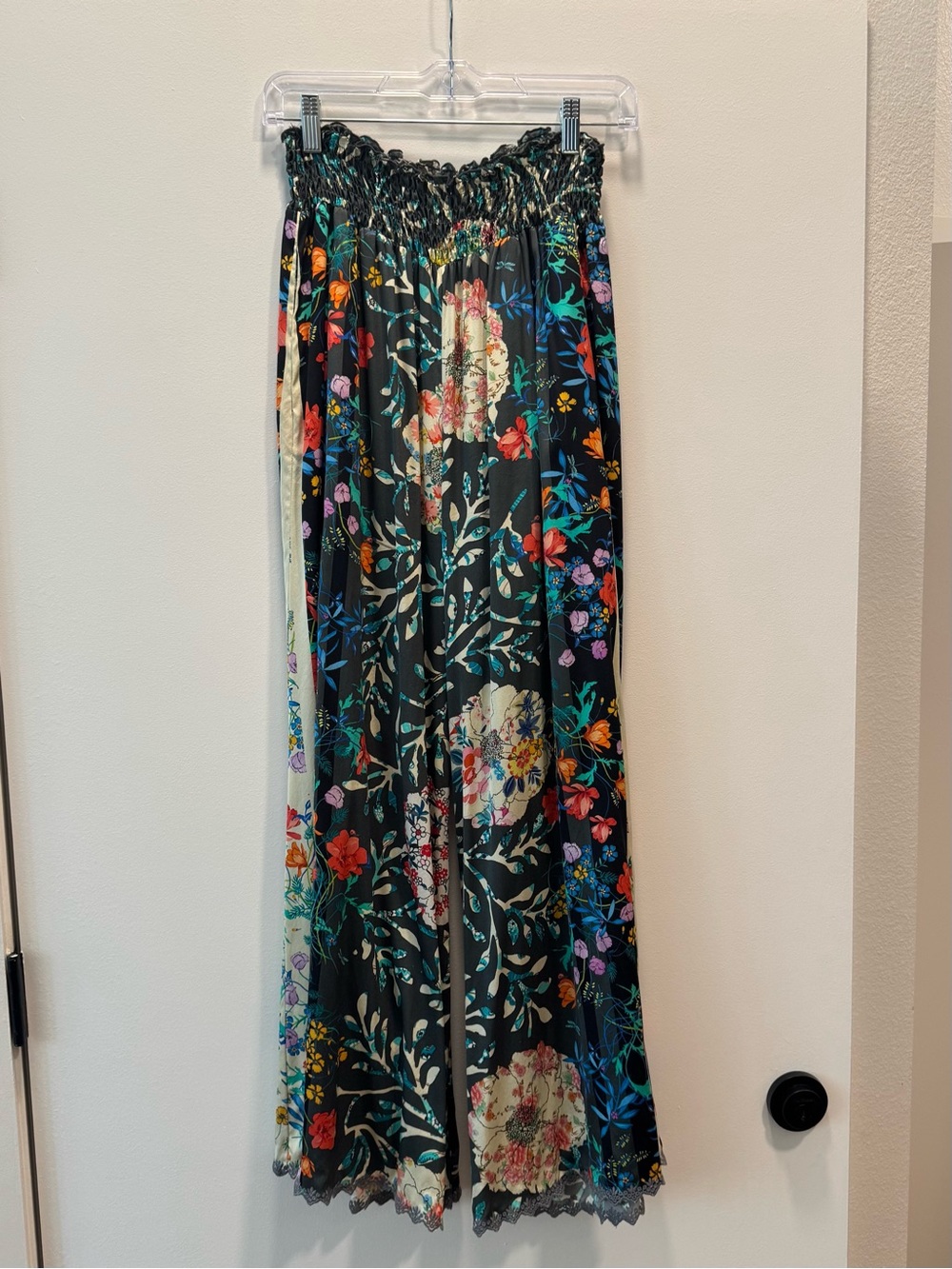 Johnny Was Blue Silk Floral Wide-Leg Pants with Multicolor Blooms